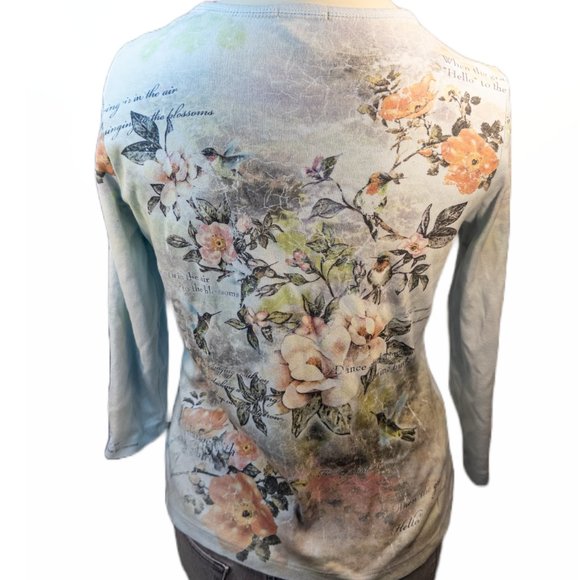 CACTUS Womens Size Medium Shirt Tee Blue Hummingbird Floral 3/4 Sleeve Y2K Top - Picture 3 of 10